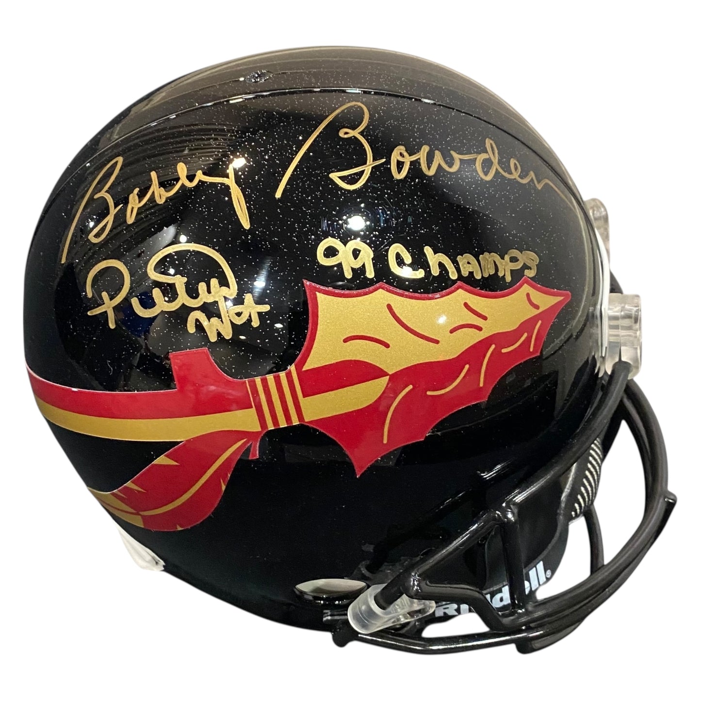 Coach Bobby Bowden and Peter Warrick 1999 National Champs Signed Black Florida State Seminoles Full Size Replica Football Helmet