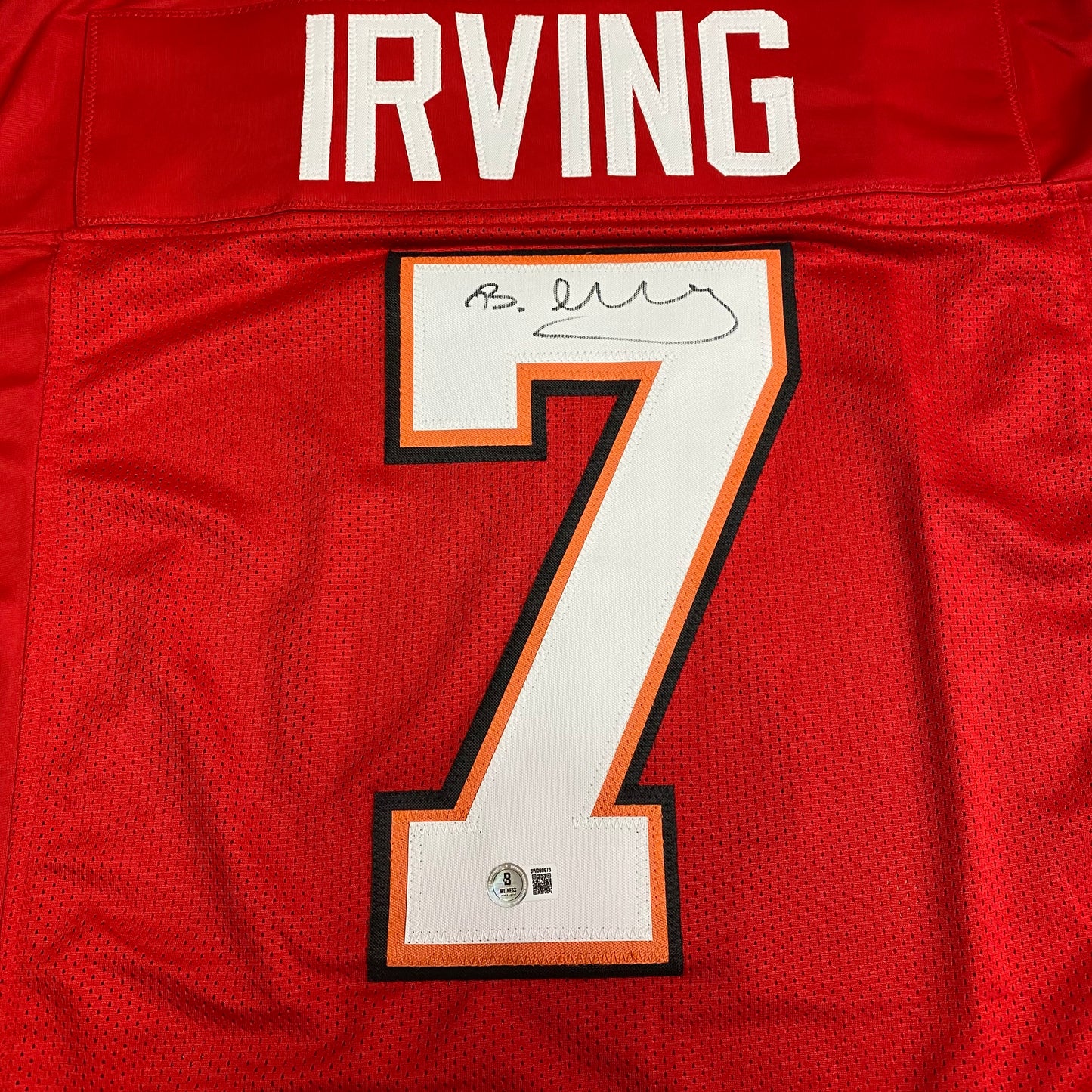 Bucky Irving signed red #7 stitched jersey