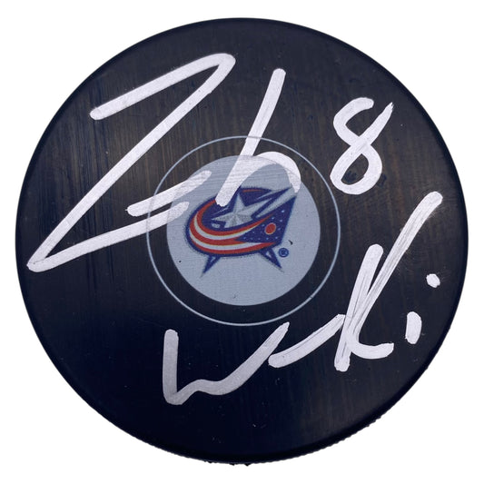 Zach Werenski Signed Columbus Blue Jackets Logo Puck Team USA Olympics Gold Medal Winner