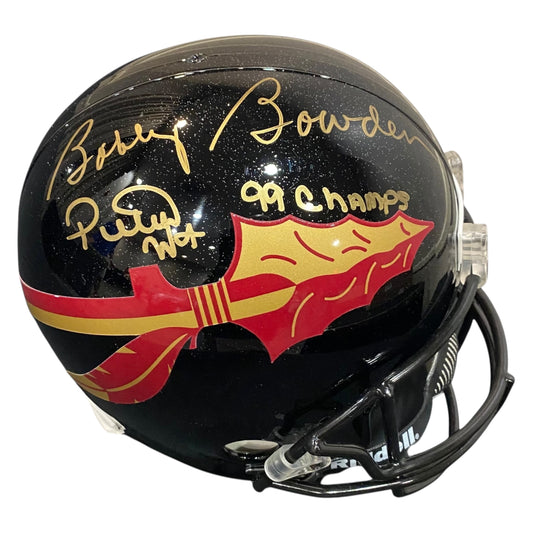 Coach Bobby Bowden and Peter Warrick 1999 National Champs Signed Black Florida State Seminoles Full Size Replica Football Helmet