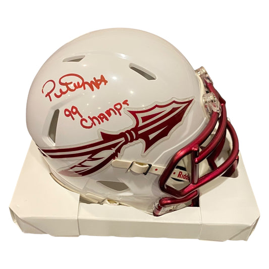 Peter Warrick 99 National Champions Signed Florida State Seminoles White Alternate Mini Football Helmet